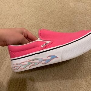 Pink platform vans with blue/teal flames on the sides